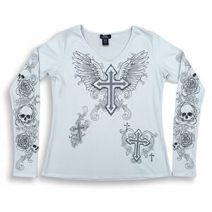 Social Collision Angel Wings Cross Skull Rose V-Neck Long Sleeve Top XL y2k mall
